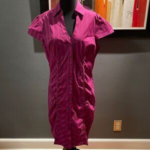 Express soft paintbrush stroke fuschia/grape stripe ruched shirt-style midi. 12